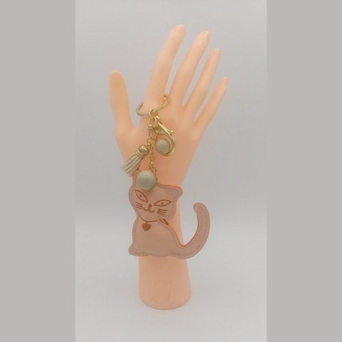 Porte-clé simili cuir chat et perles