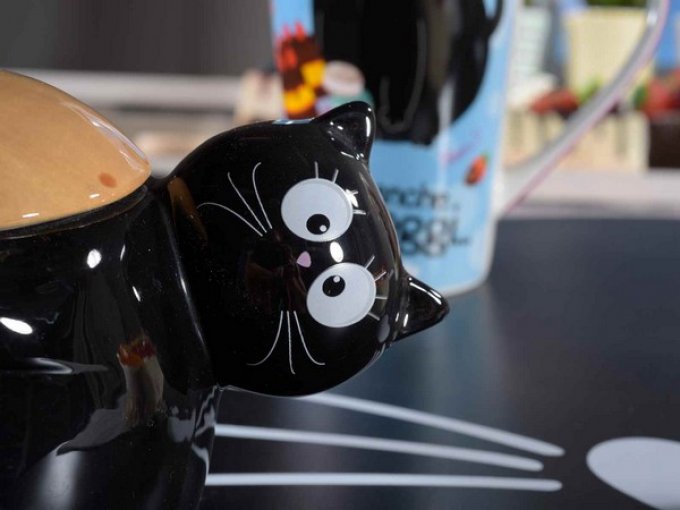 Pot gros chat noir avec dessus amovible.