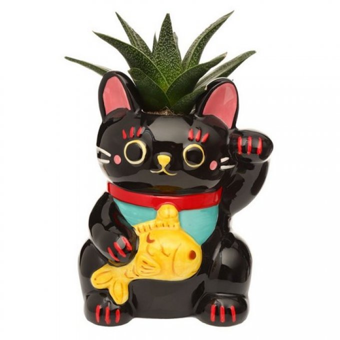 Pot jardinière chat noir maneki neko porte bonheur