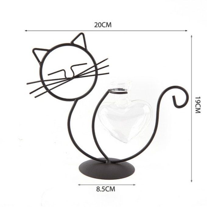 Vase chat métal noir avec pot en verre.