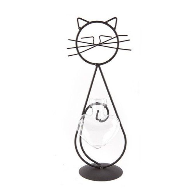 Vase chat métal noir avec pot en verre.