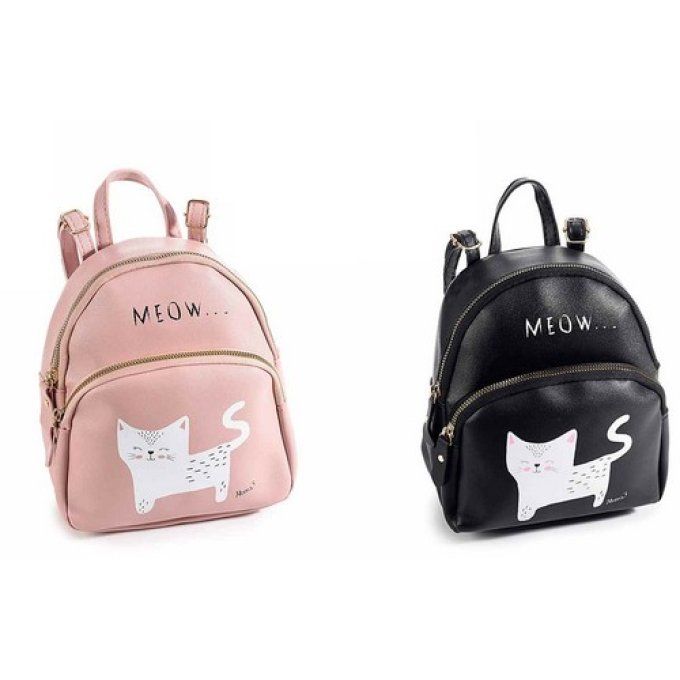 Sac à dos en similicuir avec imprimé chat "Meow"