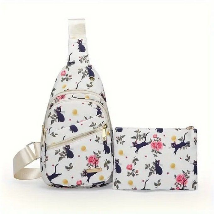 Petit sac épaule et sa pochette les chats noirs  dans les fleurs.