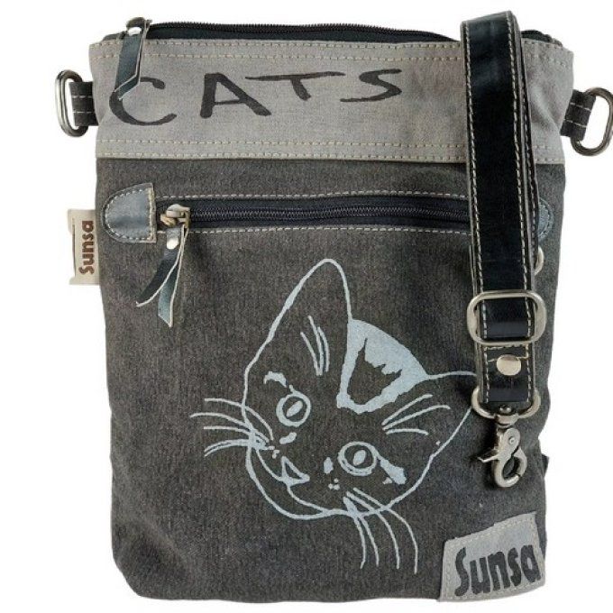 Grand sac à main bandoulière chat toile et cuir sunsa.