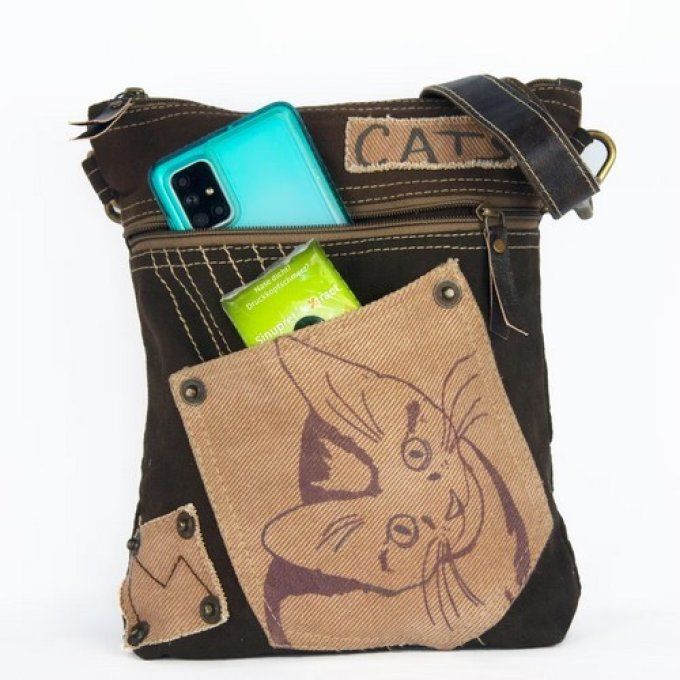 Grand sac à main bandoulière chat toile et cuir sunsa.