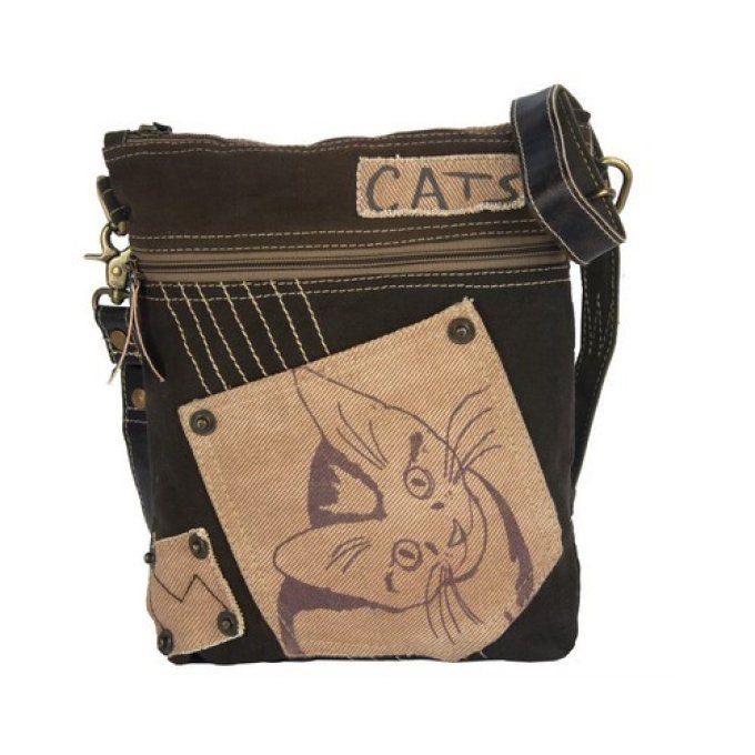 Grand sac à main bandoulière chat toile et cuir sunsa.