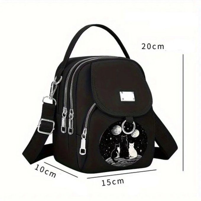 Petit sac noir multi poches chats amoureux.