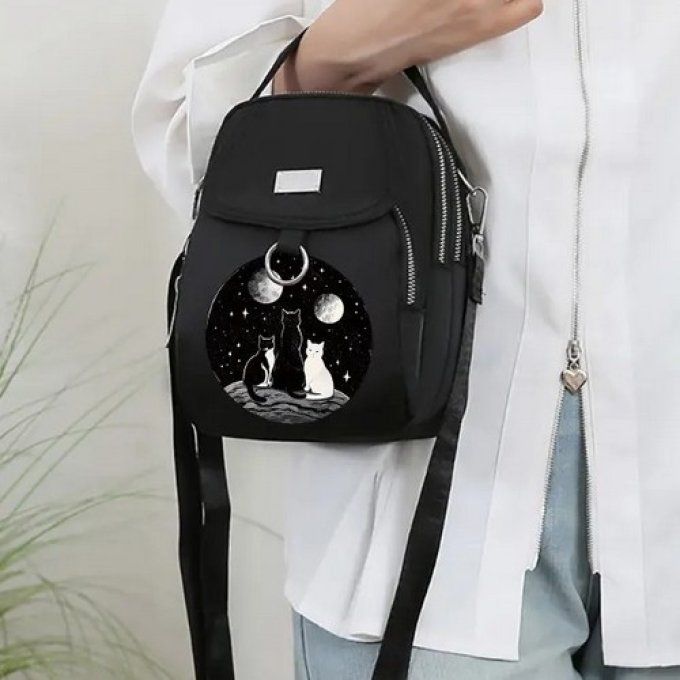 Petit sac noir multi poches chats amoureux.