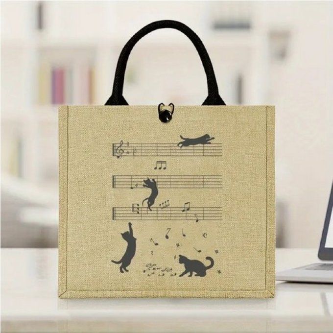 Sac fourre-tout avec imprimé de chat noir musicien.