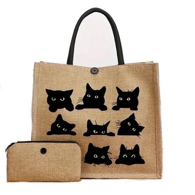 Ensemble de sac fourre-tout avec imprimé de chat noir et pochette .
