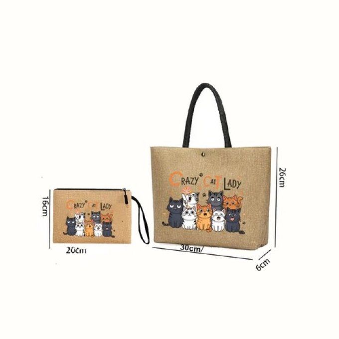 Ensemble de sac fourre-tout avec imprimé famille de chats et pochette .