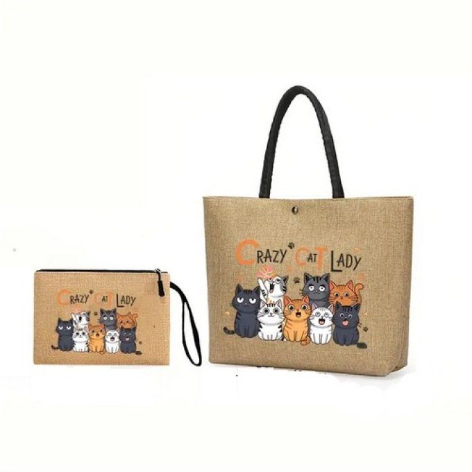 Ensemble de sac fourre-tout avec imprimé famille de chats et pochette .