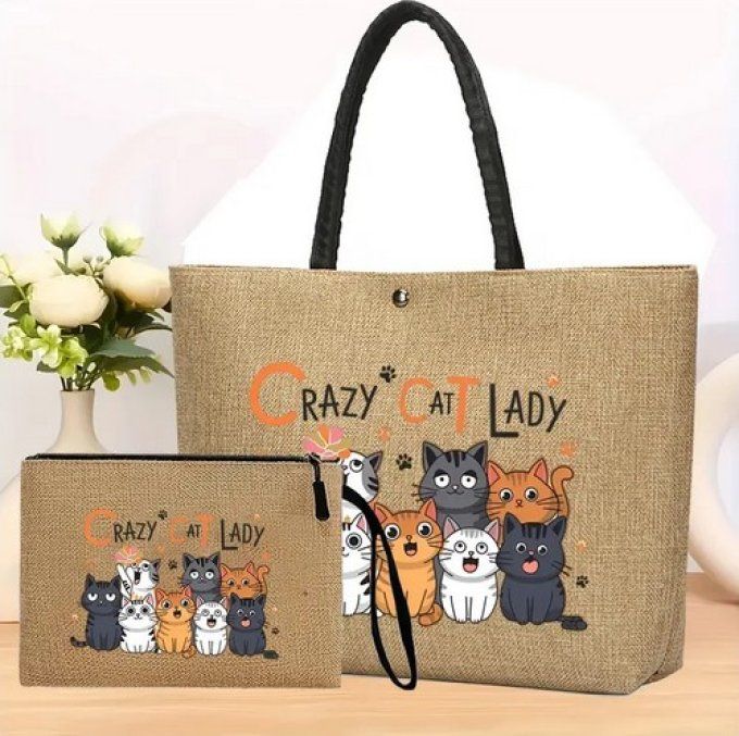 Ensemble de sac fourre-tout avec imprimé famille de chats et pochette .