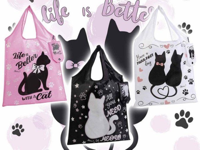 Sac à courses pliable chat noir , rose ou blanc,