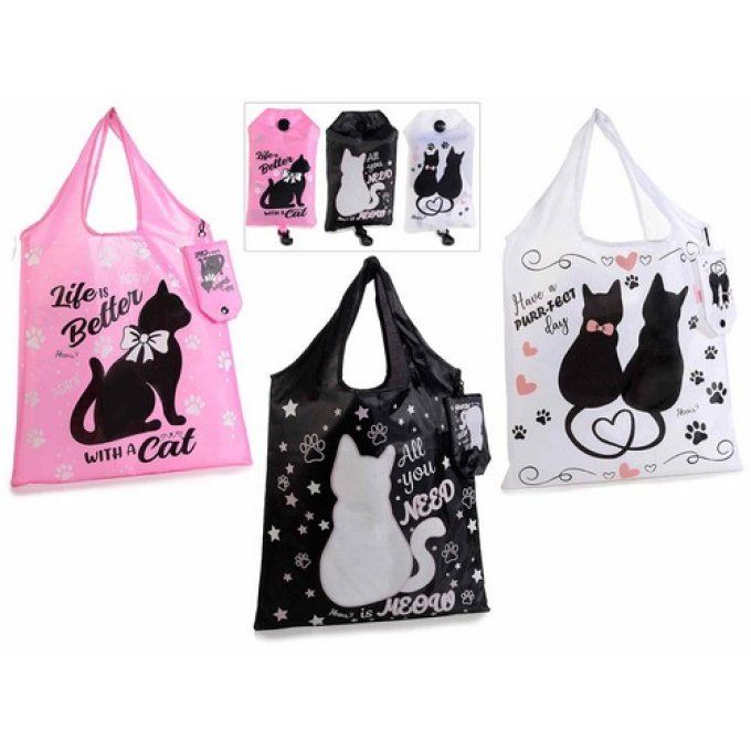 Sac à courses pliable chat noir , rose ou blanc