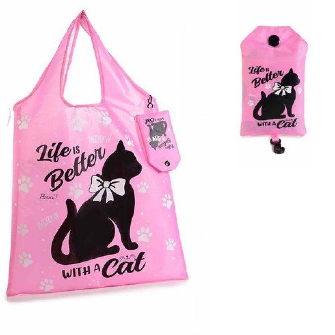 Sac à courses pliable chat noir , rose ou blanc,