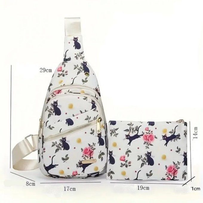 Petit sac épaule et sa pochette les chats noirs  dans les fleurs.