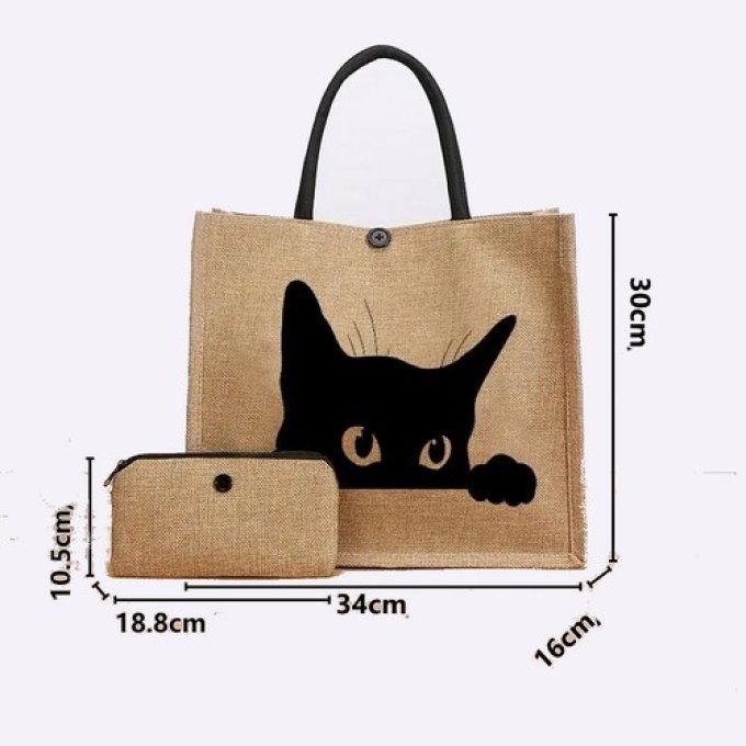 Ensemble de sac fourre-tout avec 1 chat noir et pochette .