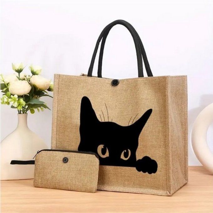 Ensemble de sac fourre-tout avec 1 chat noir et pochette .