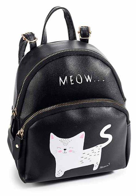 Sac à dos en similicuir avec imprimé chat "Meow"