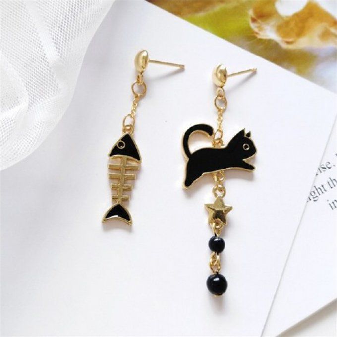 Boucles d'oreille chat et son poisson 