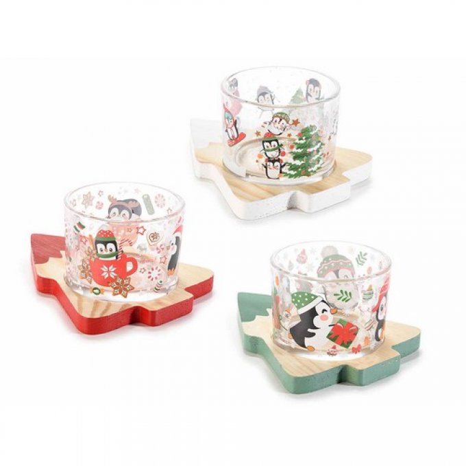 Set apéritif pingouin de Noël avec bol  et socle en sapin.