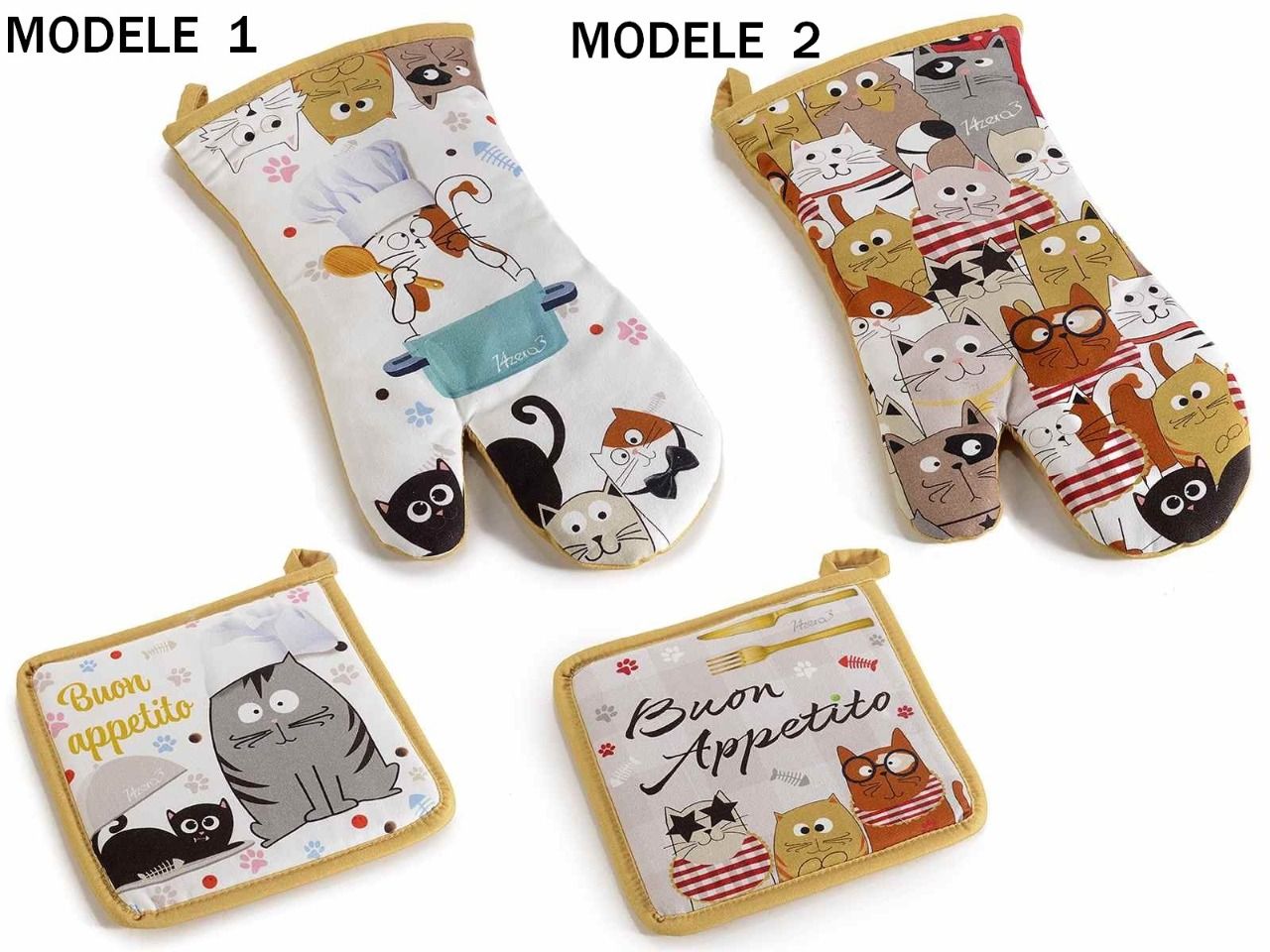 Set gant de cuisine et manique en coton imprimé Funny Cats