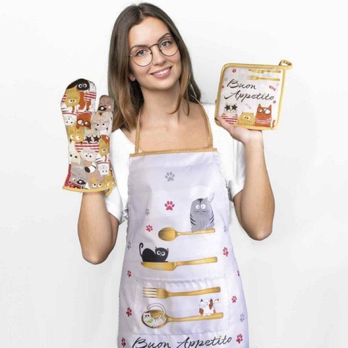 Set gant de cuisine et manique en coton imprimé "Funny Cats"