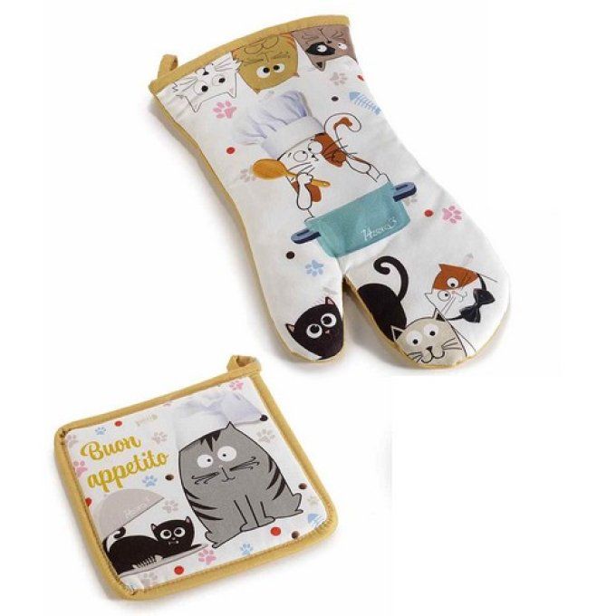 Set gant de cuisine et manique en coton imprimé Funny Cats