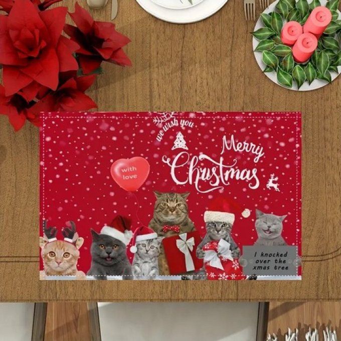 Set de table famille de chats de noel merry christmas rouge.