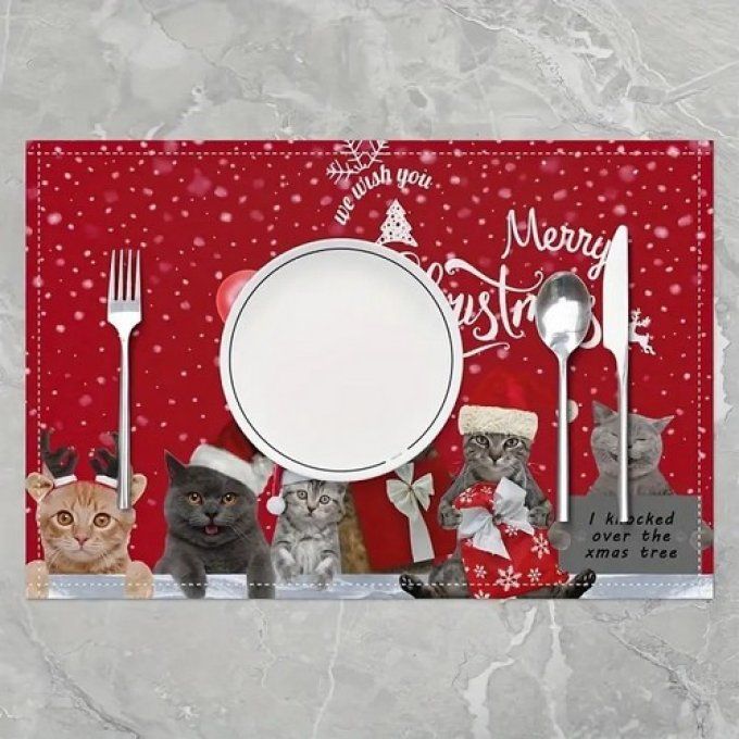 Set de table famille de chats de noel merry christmas rouge.