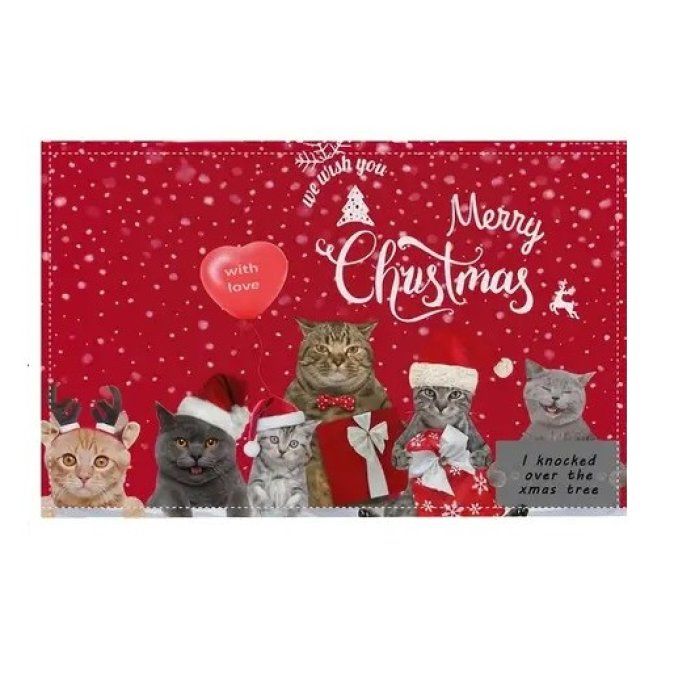 Set de table famille de chats de noel merry christmas rouge.