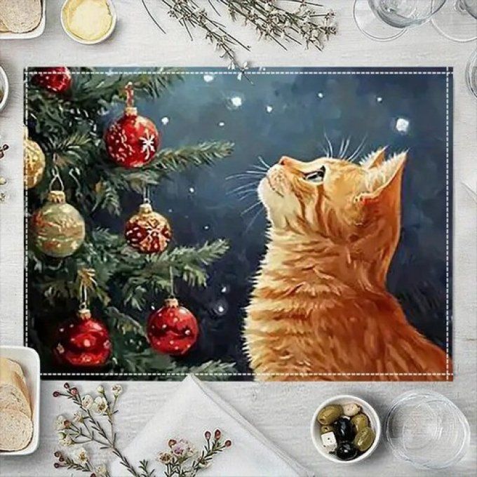 Set de table chat roux et le sapin de noel.