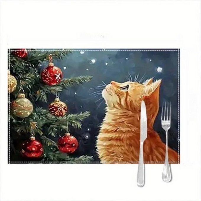 Set de table chat roux et le sapin de noel.