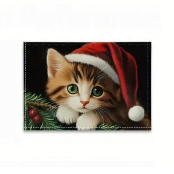 Set de table chaton de noel aux yeux verts.