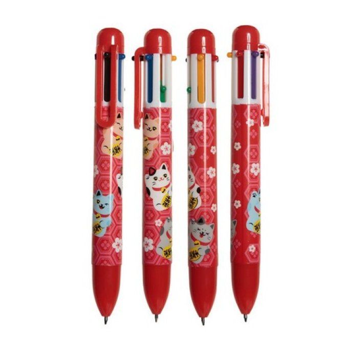 Stylo 6 couleurs chat porte bonheur maneki neko.