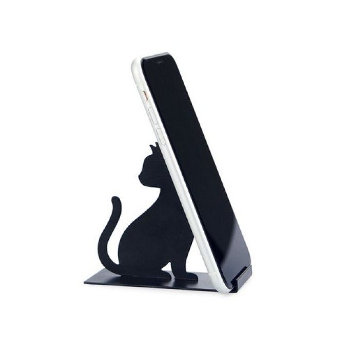 Support téléphone chat noir métal