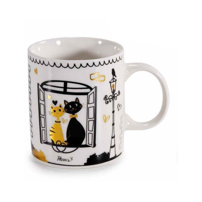 Mug en porcelaine 350 ml avec décor de chats et détails doré.