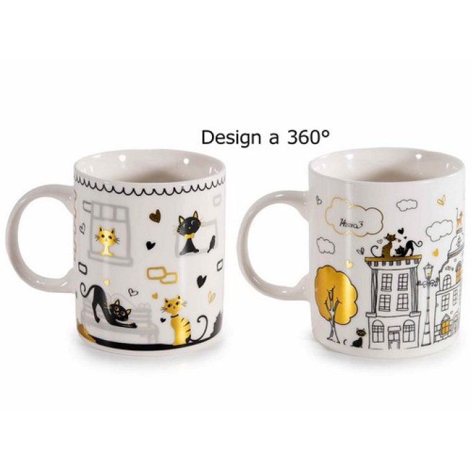 Mug en porcelaine 350 ml avec décor de chats et détails doré.