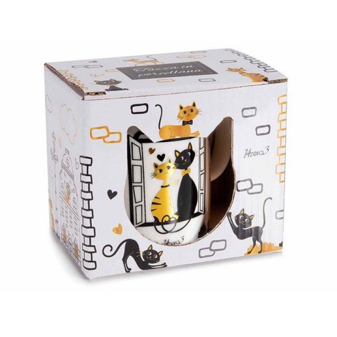 Mug en porcelaine 350 ml avec décor de chats et détails doré.