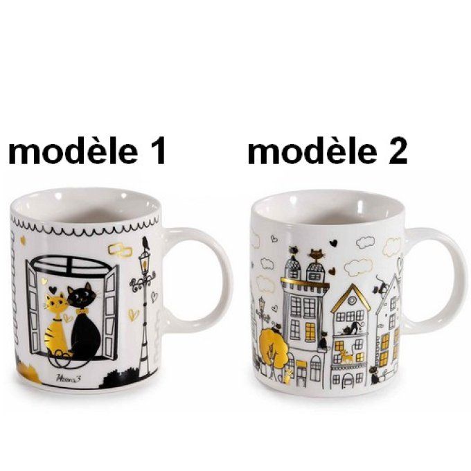 Mug en porcelaine 350 ml avec décor de chats et détails doré.