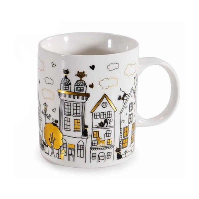 Mug en porcelaine 350 ml avec décor de chats et détails doré.