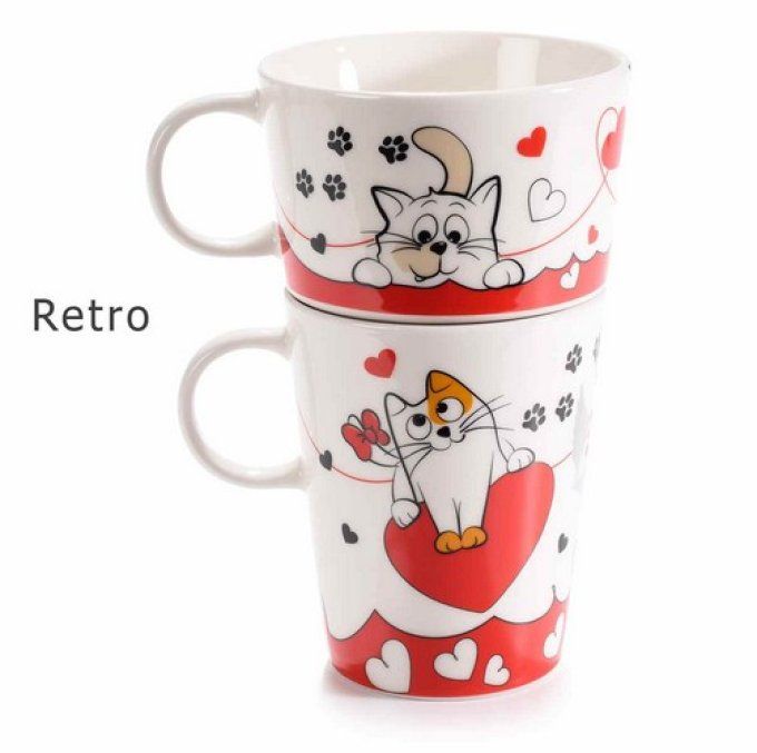 Set de 2 tasses empilables en porcelaine "Chats amoureux"