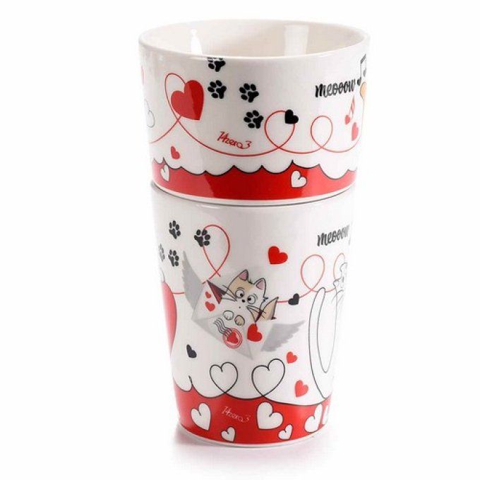 Set de 2 tasses empilables en porcelaine "Chats amoureux"