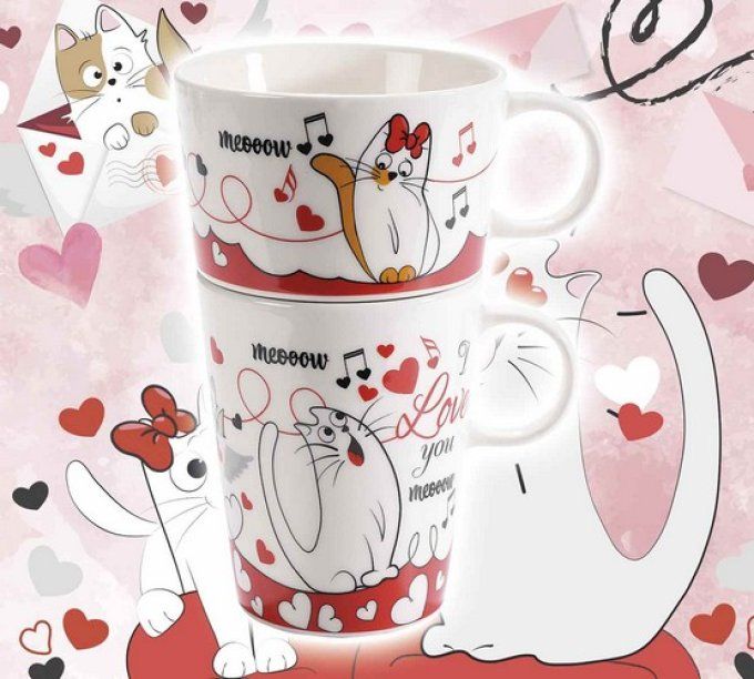 Set de 2 tasses empilables en porcelaine "Chats amoureux"