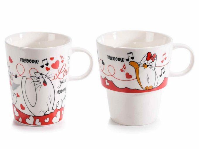 Set de 2 tasses empilables en porcelaine "Chats amoureux"