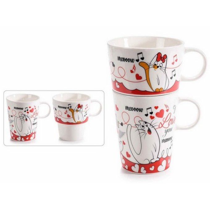 Set de 2 tasses empilables en porcelaine "Chats amoureux"