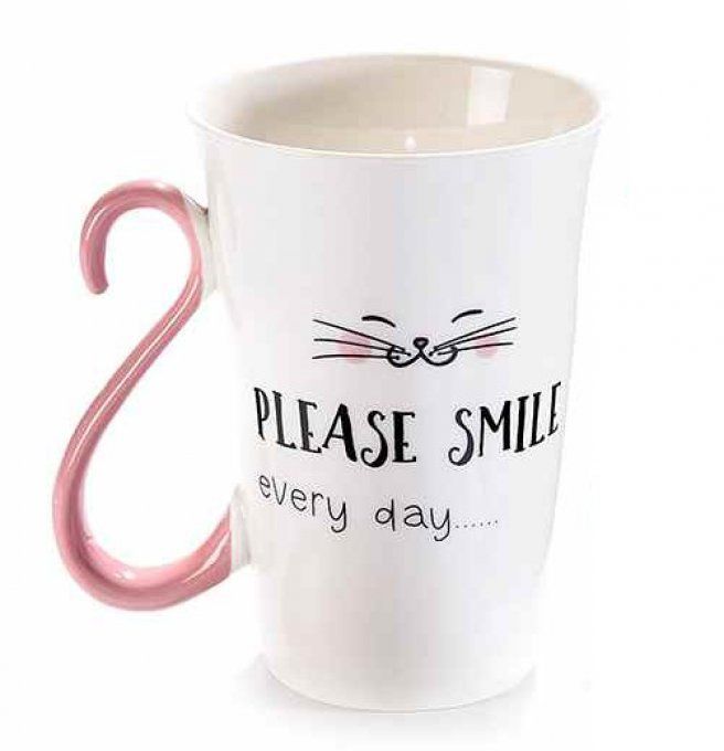 Mug  en porcelaine chat dessin queue rose