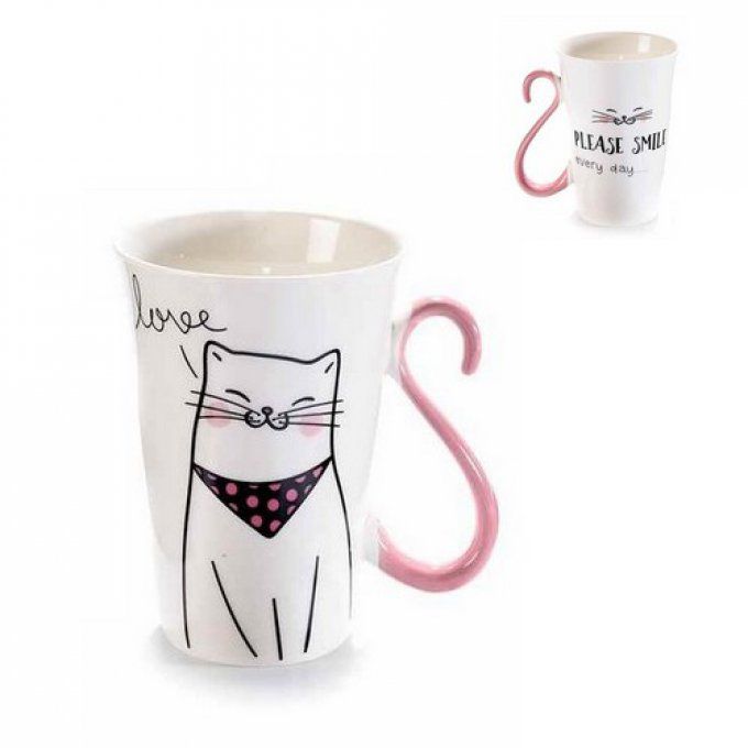 Mug  en porcelaine chat dessin queue rose