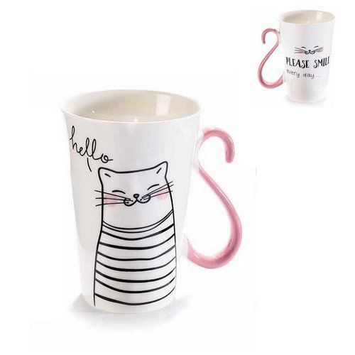 Mug  en porcelaine chat dessin queue rose